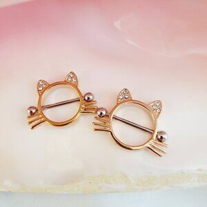 14G Rose Gold Cat Surgical Steel Clear CZ Gem Nipple Shield piercing jewelry